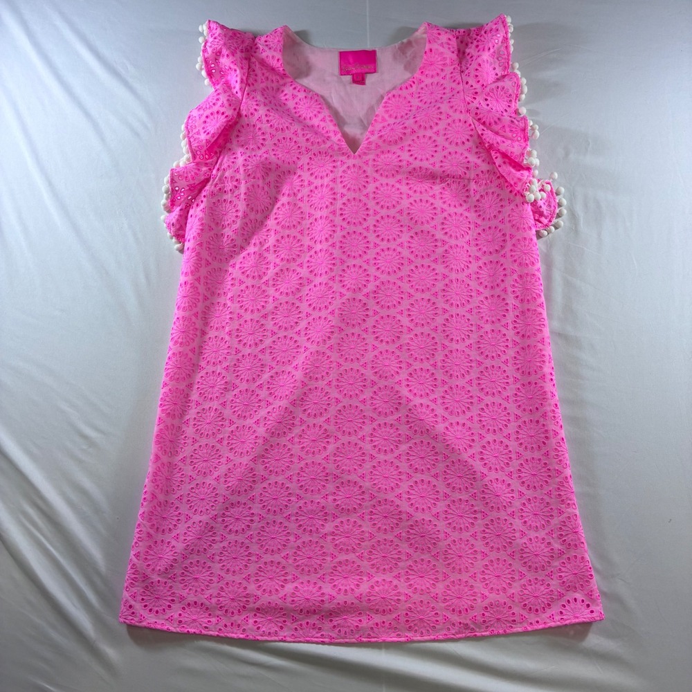 Lilly Pulitzer Pink Eyelet Pom Pom Ruffle Sleeve Shift Dress Medium